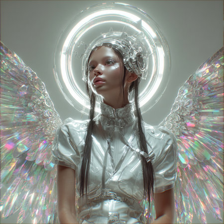Fantasy portrait of a beautiful girl in a silver costume with wings on a white backgroundの素材