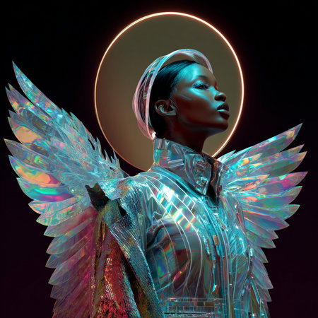 3d illustration of a beautiful woman in a silver suit with wingsの素材