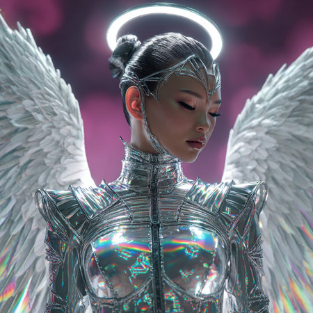 3d illustration of a girl in a silver costume of an angelの素材