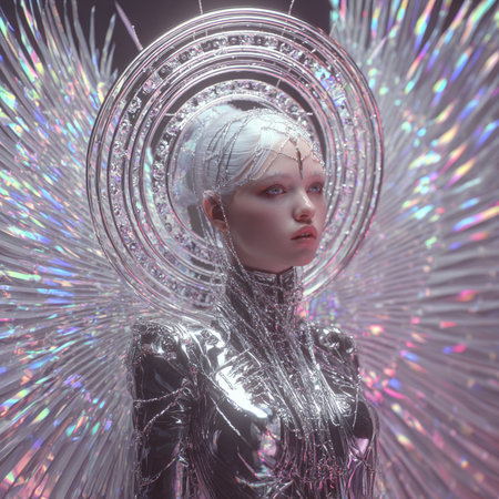 3d illustration of a beautiful girl in silver futuristic costume. 3d renderingの素材
