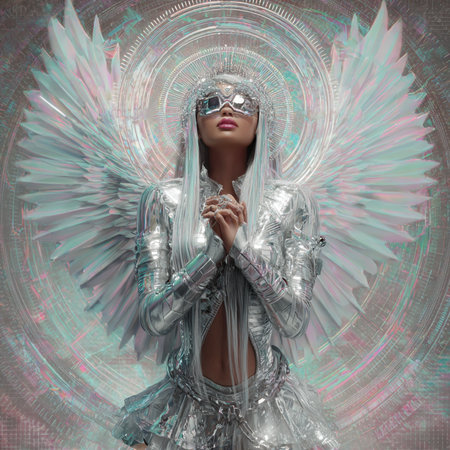 3D illustration of a beautiful young woman with silver wings and angel wingsの素材