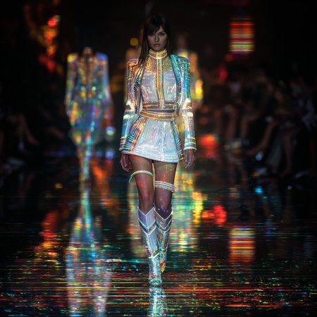 A model walks the runway during the Balmain show as part of the Paris Fashion Week Womenswear Spring/Summer 2016 in Paris, France.の素材