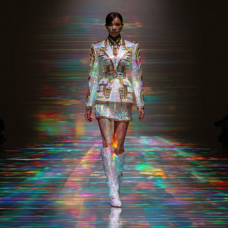 A model walks the runway during the Balmain show as part of the Paris Fashion Week Womenswear Spring/Summer 2016 in Paris, France.の素材