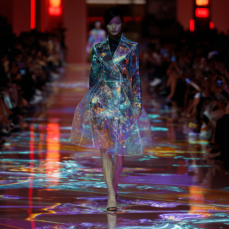 A model walks the runway during the Balmain show as part of the Paris Fashion Week Womenswear Spring/Summer 2016 in Paris, France.の素材