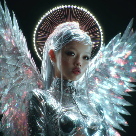 beautiful angel girl with wings and lights on a black background.の素材