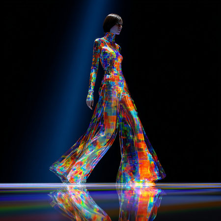 Fashion model posing in studio with colored lights on a black backgroundの素材