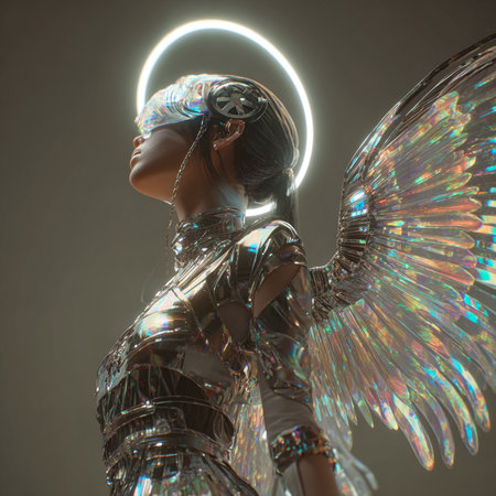 3d rendering of a female robot with futuristic hairstyle and glowing lightsの素材