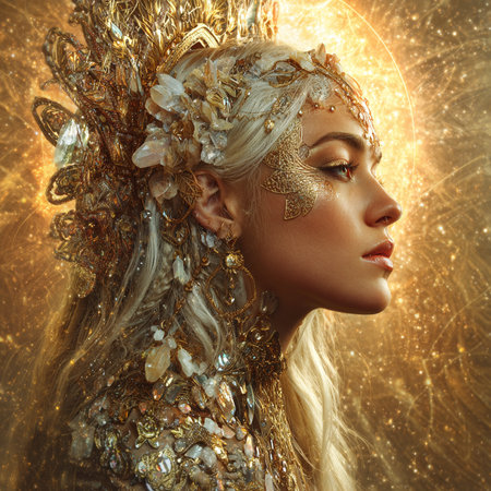 Fashion portrait of a beautiful blonde woman with golden make-up. Beauty, fashion.の素材