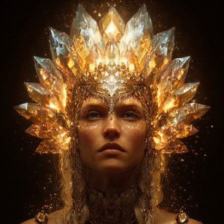 Portrait of a beautiful woman in a golden crown on a black backgroundの素材