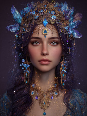 Portrait of beautiful young woman with fantasy make-up and jewelryの素材