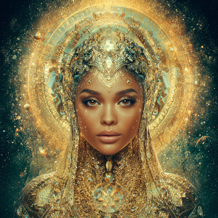 Beautiful girl with golden make-up. Portrait of a beautiful woman with gold make-up.の素材