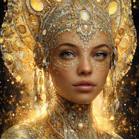 Portrait of beautiful woman with golden make-up and rhinestones.の素材