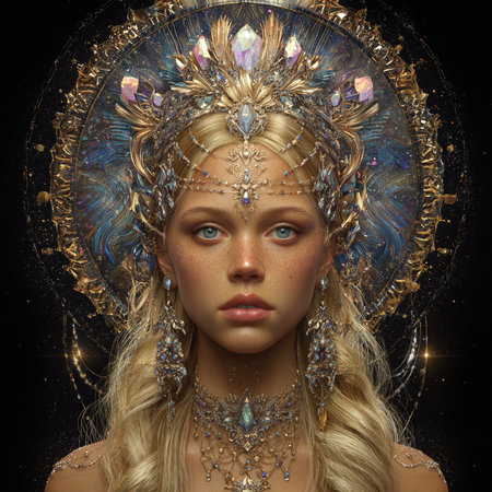 Portrait of a beautiful girl with a golden crown on her headの素材