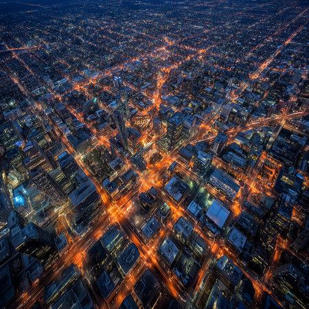 Aerial view of New York City at night, United States.の素材
