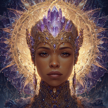 Portrait of a beautiful African woman in a golden headdress.の素材