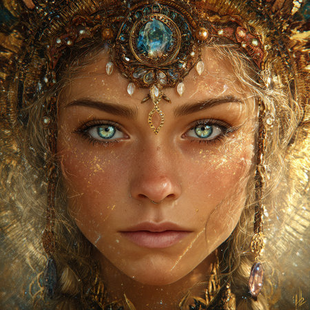 Portrait of beautiful young woman with golden make-up and precious jewelryの素材