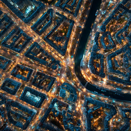 Aerial view of the city at night. Concept of urban architecture.の素材