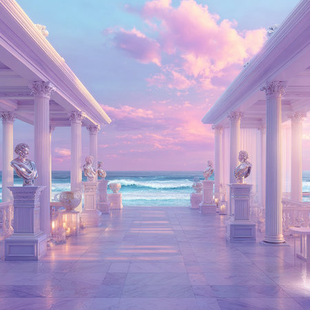 Luxury colonnade on the seashore at sunsetの素材