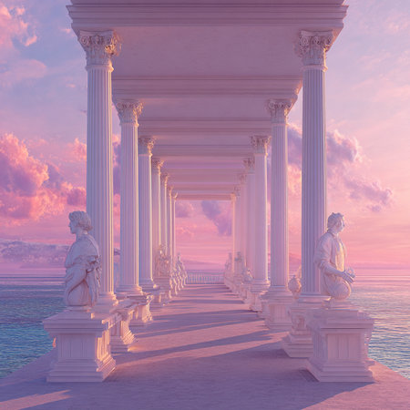 The Colonnade in the sea at sunset. 3d renderの素材