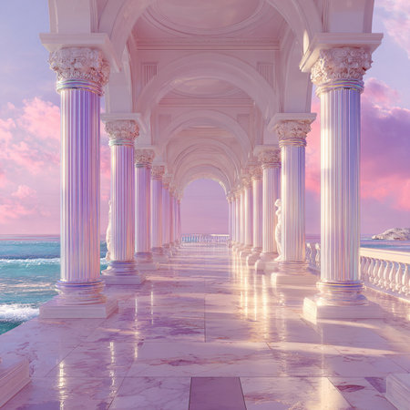Beautiful colonnade with columns at sunset. 3d renderingの素材