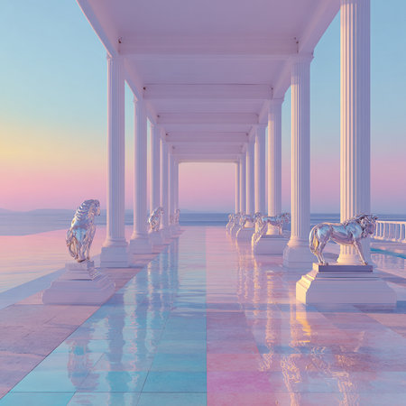 Pillars on the seashore at sunset. 3d renderの素材