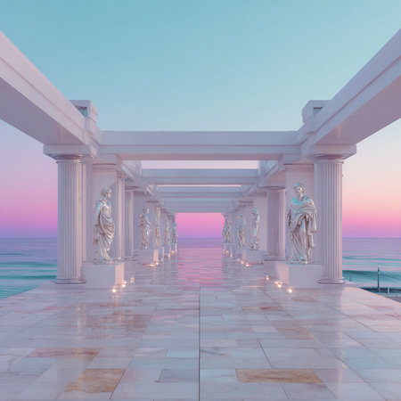 3d rendering of the sea and the beautiful columns of the gazeboの素材