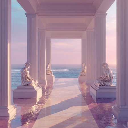 Beautiful seascape with columns at sunset. 3d renderの素材