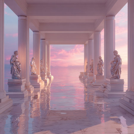 Pillars on the seashore at sunset. 3d renderの素材