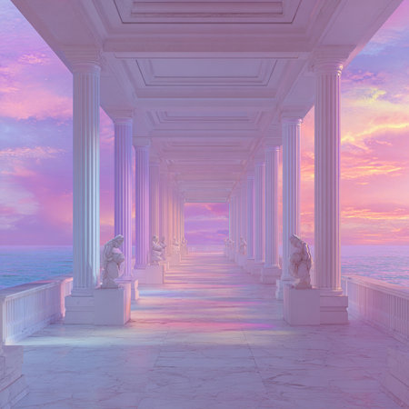 3D render of the columns on the seashore at sunsetの素材
