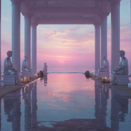 Pillar and statues in the pool at sunset. 3d renderingの素材