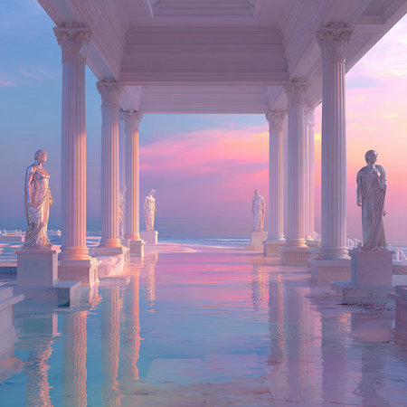 Beautiful seascape with ancient columns and statues at sunset.の素材