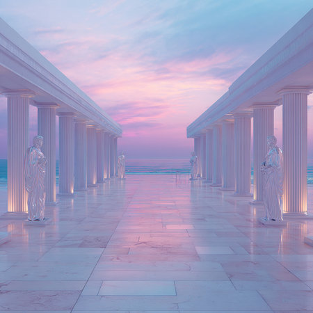 Pillars on the beach at sunset. 3D rendering.の素材