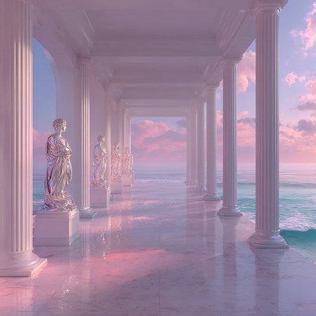 Beautiful seascape with columns and statues. 3d renderの素材