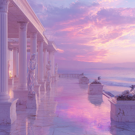 Beautiful seascape with columns at sunset. 3d renderingの素材