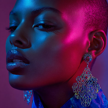 Fashion portrait of beautiful african american woman with neon makeupの素材