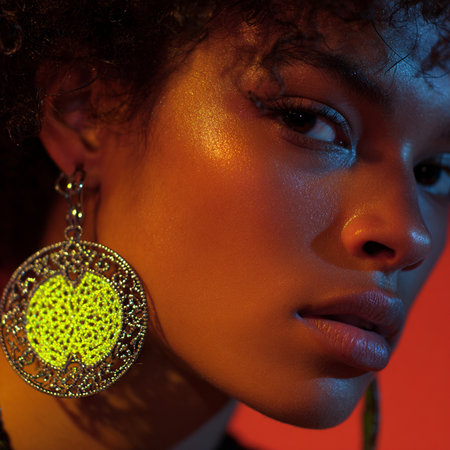 Beautiful african american woman with afro hairstyle and jewelryの素材