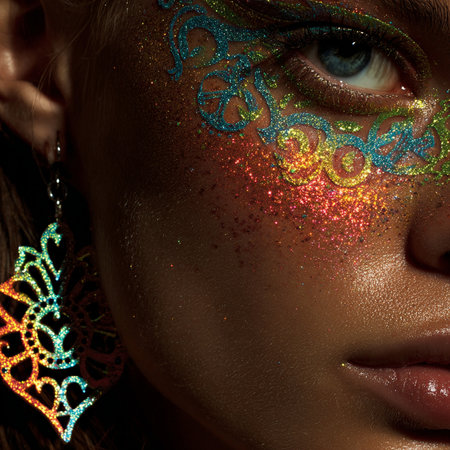 Close up portrait of beautiful young woman with bright make-up and crystals on her faceの素材