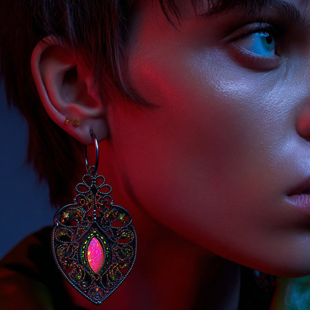 Close-up portrait of beautiful young woman with jewelry earring.の素材