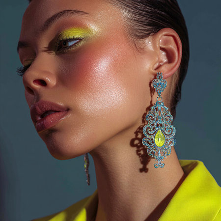 Fashion portrait of beautiful young woman with bright makeup and earrings.の素材