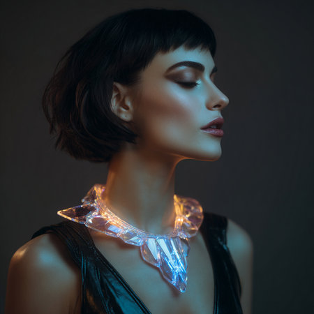 Portrait of a beautiful young brunette woman with christmas lights on her neckの素材