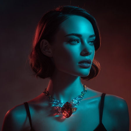 Portrait of a beautiful young woman with jewelry on a dark backgroundの素材