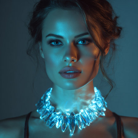 Portrait of beautiful young woman with blue sparkling garland on her neckの素材