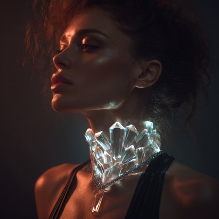 Portrait of a beautiful young woman with crystal necklace on dark backgroundの素材
