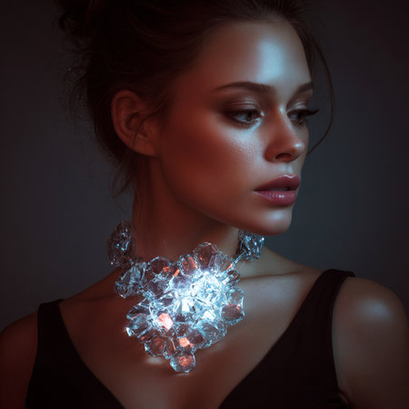 Fashion portrait of young beautiful woman with ice crystals on her faceの素材