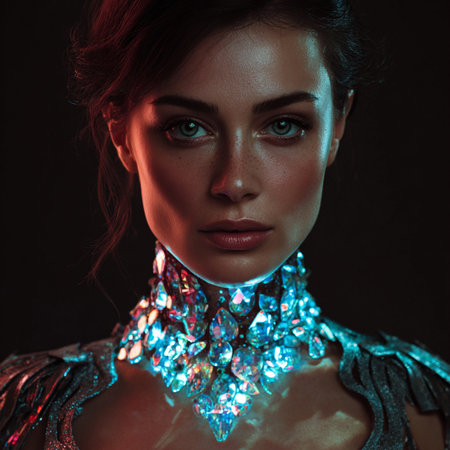 Portrait of a beautiful woman with crystal jewelry on a black backgroundの素材