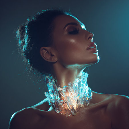 Fashion portrait of beautiful young woman with ice cube on her neckの素材