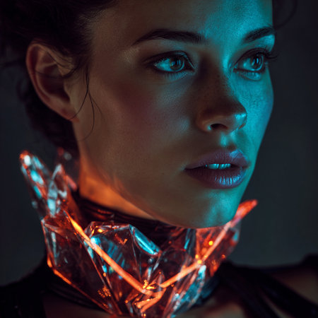 Fashion portrait of a beautiful young woman with neon light on her faceの素材