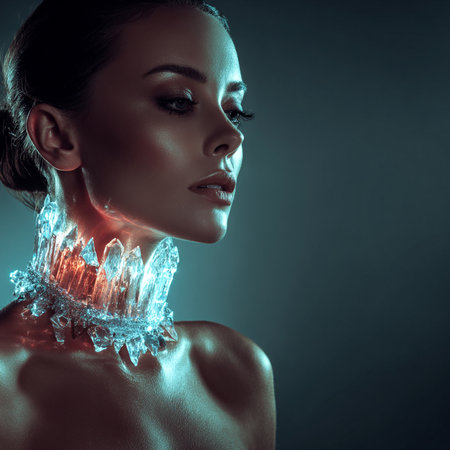 Beautiful young woman with crystal collar on her neck. Pain concept.の素材