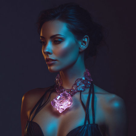 Portrait of beautiful young woman with crystal necklace on black background.の素材