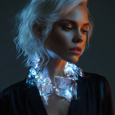 Portrait of a beautiful young woman with Christmas lights on her face.の素材